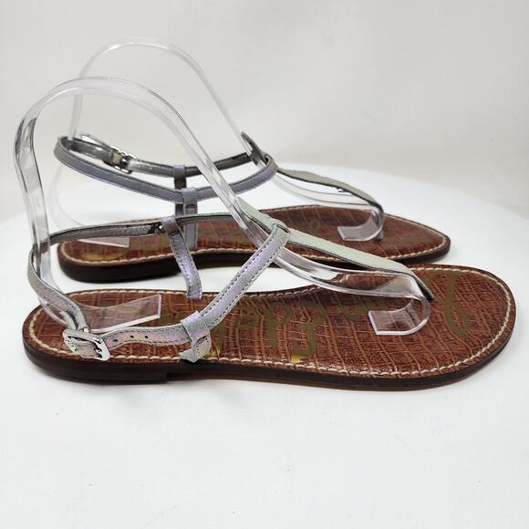 Sam Edelman Gigi Sandal Size 10M Iridescent T-Strap Toe Post Leather Flats Grey - Picture 3 of 11
